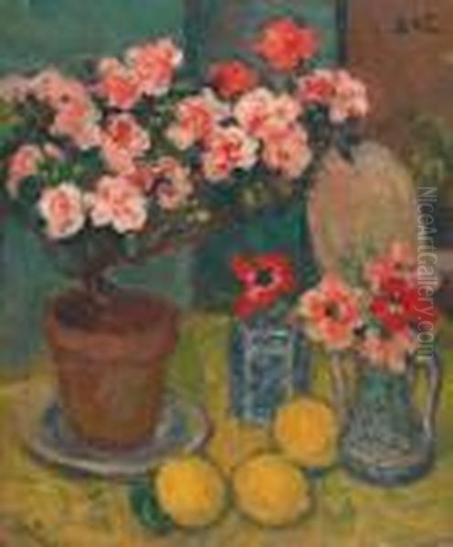 Azalee Et Bouquet D'anemones Oil Painting by Georges dEspagnat