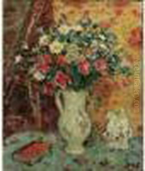 Vase De Fleurs Au Livre Rouge Oil Painting by Georges dEspagnat