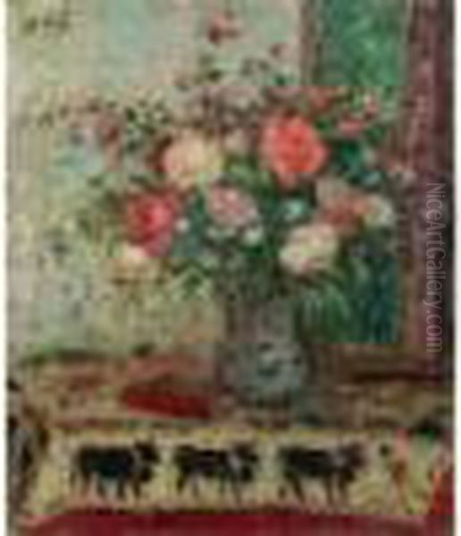 Vase De Fleurs Au Livre Rouge Sur Un Foulard Orne De Vaches by Georges dEspagnat