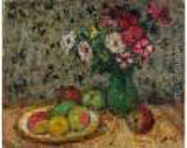 Vase De Fleurs Et Assiette De Fruits Oil Painting by Georges dEspagnat