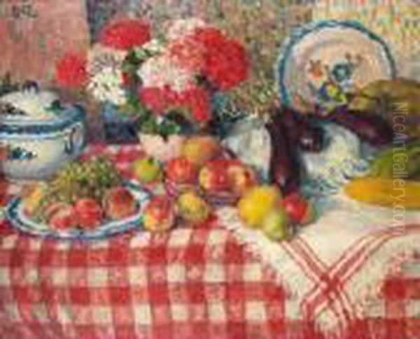 Nature Morte Aux Fruits Et Aux Fleurs Oil Painting by Georges dEspagnat