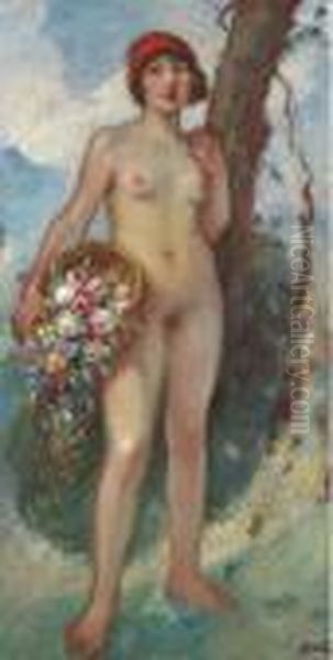 Jeune Fille A La Corbeille De Roses Oil Painting by Georges dEspagnat