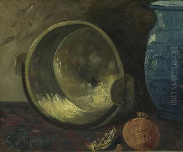 Stilleben Mit Messingschale, Keramikvase Und Granatapfel Oil Painting by Georges dEspagnat