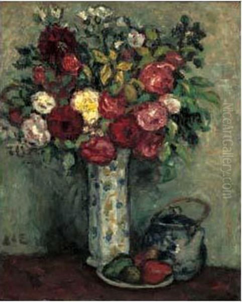 Bouquet De Roses, Theiere Et Assiette De Fruits Oil Painting by Georges dEspagnat