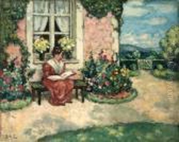 Femme Assise Sur Un Banc Dans Un Jardin Oil Painting by Georges dEspagnat