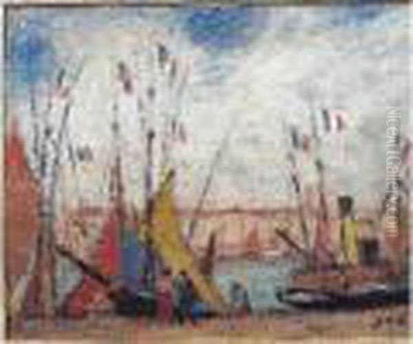 Bateaux Pavoises Au Port Oil Painting by Georges dEspagnat