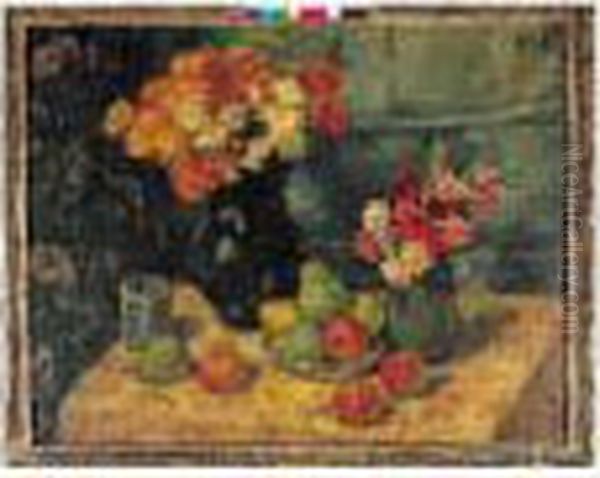 Nature Morte Aux Pommes, Poires Et Fleurs. Oil Painting by Georges dEspagnat