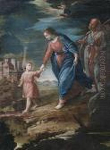 The Holy Family On The Flight. Oil Painting by Jacopo Bassano (Jacopo da Ponte)