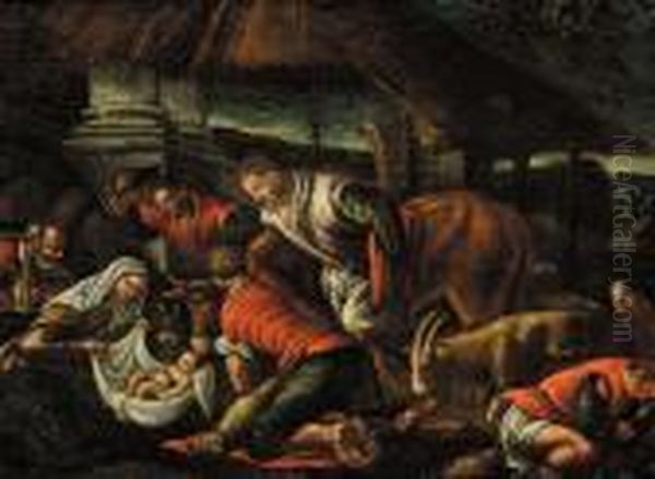 Nativita' E Paesaggio Con Figure Ed Armenti Oil Painting by Jacopo Bassano (Jacopo da Ponte)