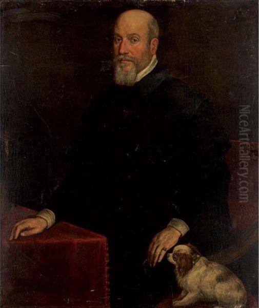 Portrait Of A Gentleman With A Spaniel Oil Painting by Jacopo Bassano (Jacopo da Ponte)