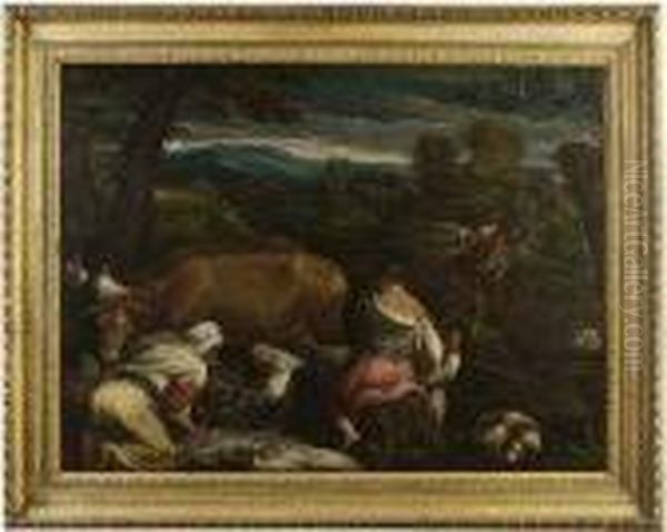 An Allegory Of Spring: Peasants Sowing, Feeding Lambs And Ploughing With Cattle Oil Painting by Jacopo Bassano (Jacopo da Ponte)