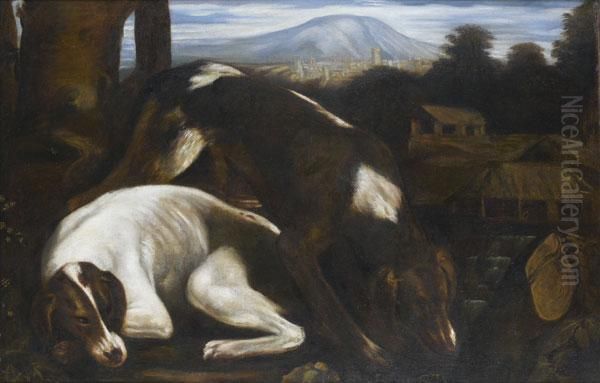 Couple De Chiens Oil Painting by Jacopo Bassano (Jacopo da Ponte)