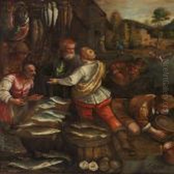 People Buying Fish Oil Painting by Jacopo Bassano (Jacopo da Ponte)