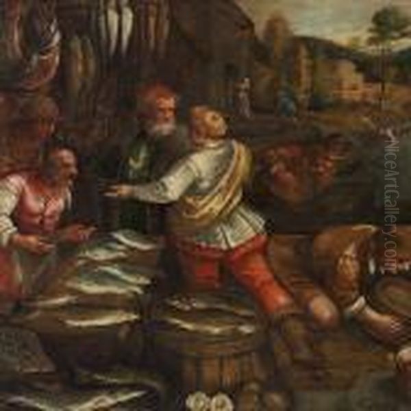 A Renaissance Scenery With Persons Buying Fish Oil Painting by Jacopo Bassano (Jacopo da Ponte)