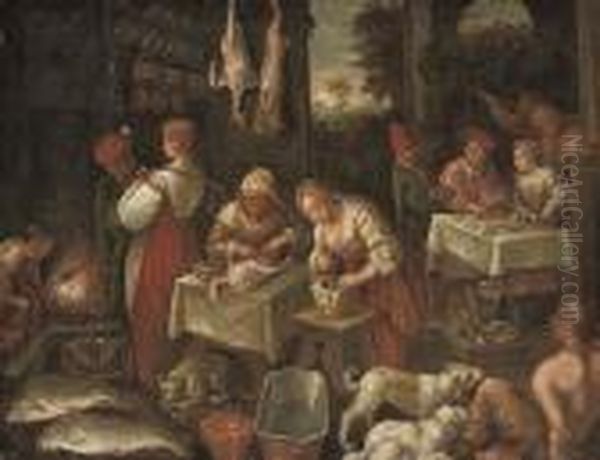 Maids Preparing Food In A Kitchen, Elegant Company At A Tablebeyond Oil Painting by Jacopo Bassano (Jacopo da Ponte)