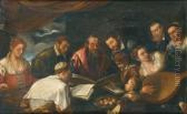 A Musical Company In An Interior Oil Painting by Jacopo Bassano (Jacopo da Ponte)