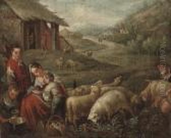 A Wooded River Landscape With A 
Shepherd Shearing Sheep With His Family In The Foreground Oil Painting by Jacopo Bassano (Jacopo da Ponte)