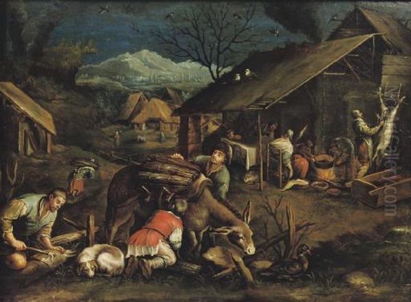 An Allegorey Of Autumn: Peasants Chopping Wood And Slaughtering A Pig In A Village Oil Painting by Jacopo Bassano (Jacopo da Ponte)