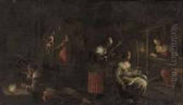 Women Weaving In A Candlelit Interior Oil Painting by Jacopo Bassano (Jacopo da Ponte)