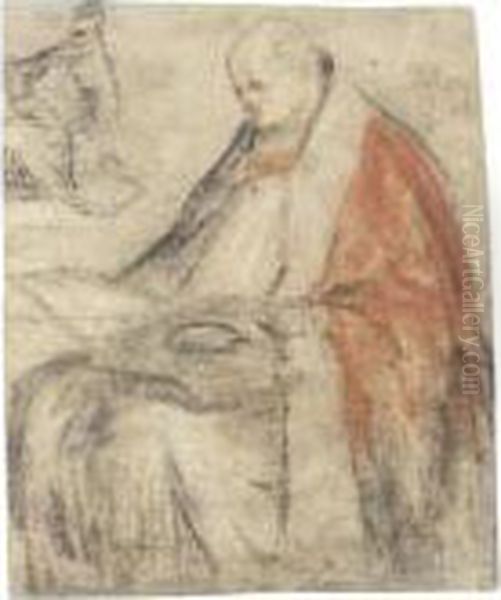 A Seated Bishop Reading From A 
Book On His Lap, And A Small Study Of The Same Figure, Wearing A Cap Oil Painting by Jacopo Bassano (Jacopo da Ponte)