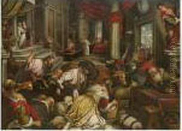 Christ Driving The Money-changers From The Temple Oil Painting by Jacopo Bassano (Jacopo da Ponte)