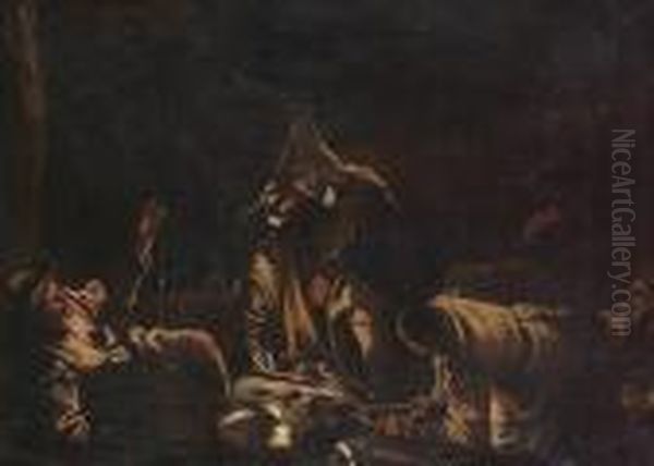 Travellers Seated Around A Campfire Oil Painting by Jacopo Bassano (Jacopo da Ponte)