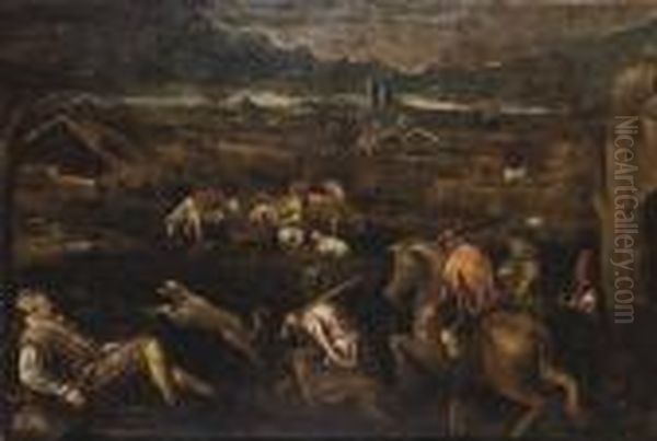 An Extensive Landscape With An Elegant Hunting Party Oil Painting by Jacopo Bassano (Jacopo da Ponte)