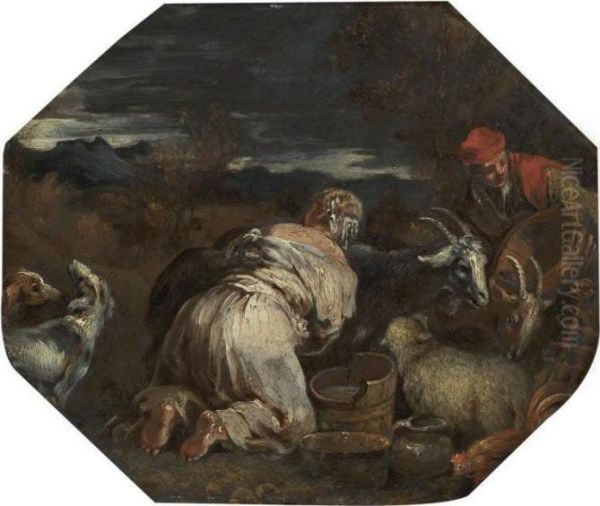 A Peasant Woman Milking A Goat Oil Painting by Jacopo Bassano (Jacopo da Ponte)