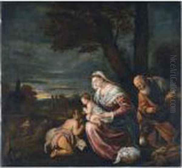 The Holy Family With Saint John The Baptist, The Flight Into Egypt Beyond Oil Painting by Jacopo Bassano (Jacopo da Ponte)