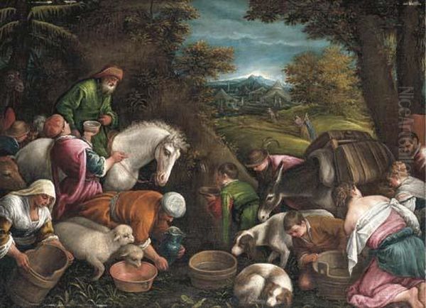 Moses Striking Water From The Rock Oil Painting by Jacopo Bassano (Jacopo da Ponte)