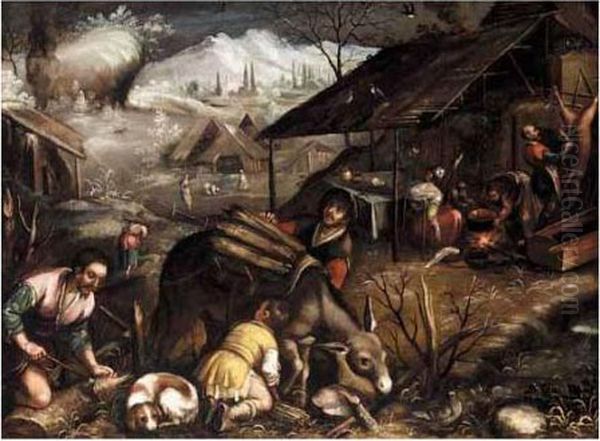 A Winter Landscape Oil Painting by Jacopo Bassano (Jacopo da Ponte)