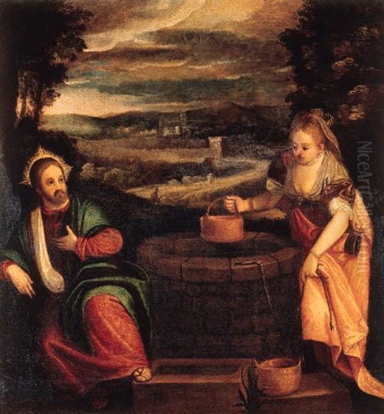 Christ And The Woman From Samaria Oil Painting by Jacopo Bassano (Jacopo da Ponte)