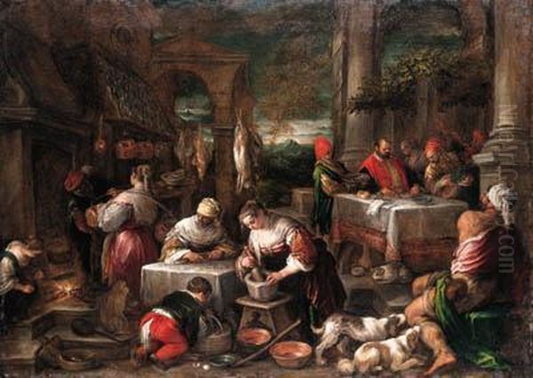 Dives And Lazarus Oil Painting by Jacopo Bassano (Jacopo da Ponte)