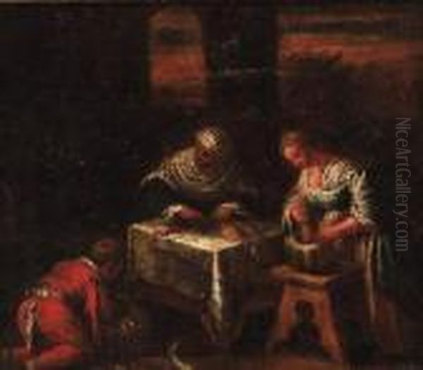 Servants Preparing Food In A Parlour; And A Nobleman Being Waitedon At A Table Oil Painting by Jacopo Bassano (Jacopo da Ponte)