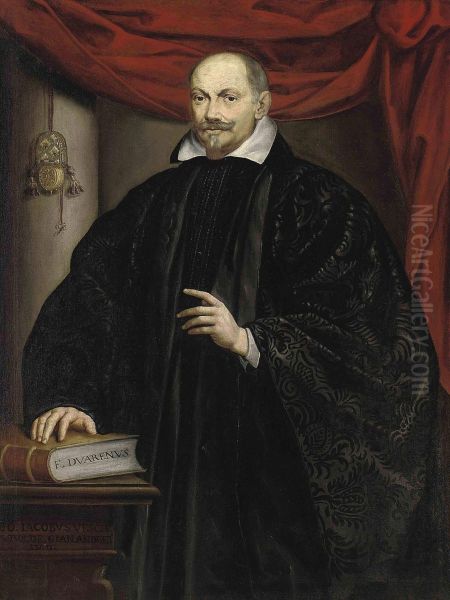 Portrait Of A Gentleman, Three-quarter-length, In Black Robes, Hisright Hand On A Book Oil Painting by Leandro Bassano