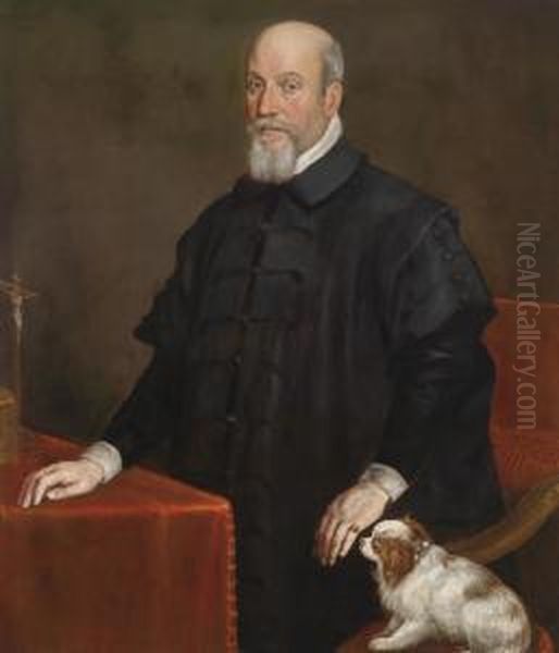 Portrait Of A Gentleman In A Black Cloak Ata Table With A Crucifix Oil Painting by Leandro Bassano