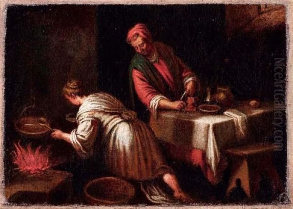 Interno Di Cucina Con Figure by Leandro Bassano