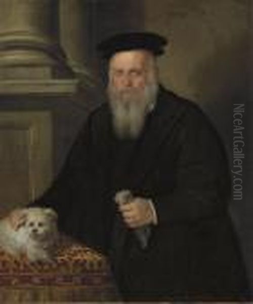 Portrait Of A Bearded Man In A Black Coat And Hat, His Dog On A Table Beside Oil Painting by Leandro Bassano