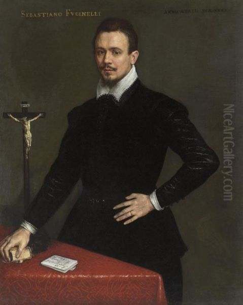 Portrait Of Sebastiano 
Fuginelli, Three-quarter-length, In A Blackcoat, With A Book And A 
Crucifix On A Table Oil Painting by Leandro Bassano