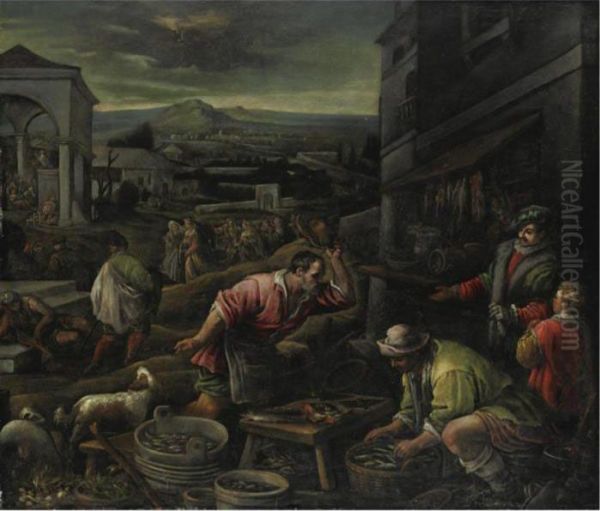 Mercato Del Pesce Oil Painting by Leandro Bassano