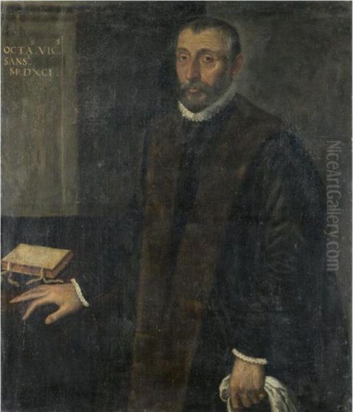 Portrait Of A Gentleman, Three-quarter Length, Wearing An Ermine-lined Jacket Oil Painting by Leandro Bassano