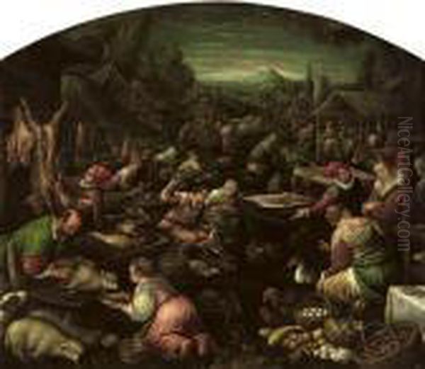 A Country Market With Diogenes Looking For An Honest Man Oil Painting by Leandro Bassano