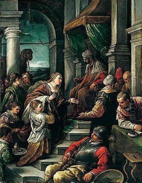 Queen Of Sheba Before King Solomon Oil Painting by Leandro Bassano