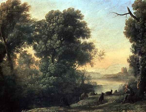 River landscape with Goatherd Piping Oil Painting by Claude Lorrain (Gellee)