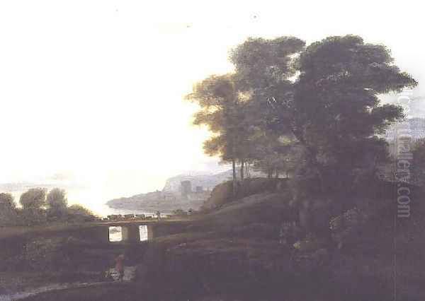 Landscape with cattle and goats crossing a bridge Oil Painting by Claude Lorrain (Gellee)