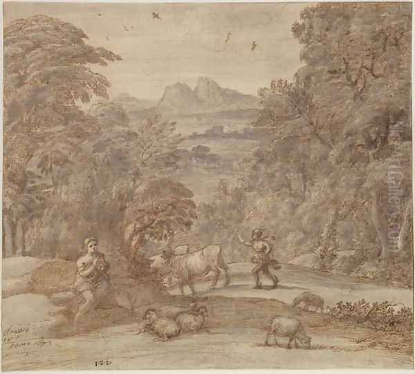 Landscape with Mercury and Apollo as a Shepherd, 1673 Oil Painting by Claude Lorrain (Gellee)