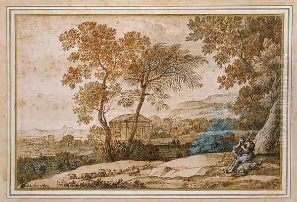 Landscape with a shepherd and his dog Oil Painting by Claude Lorrain (Gellee)