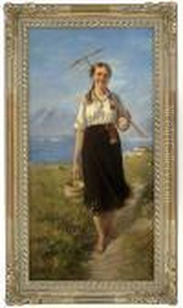 Girl With Rake And Wooden Box Oil Painting by Hans Dahl