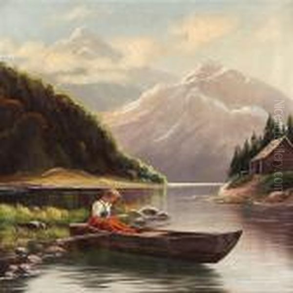 Norwegian Fiord Scene With S Woman In A Boat Oil Painting by Hans Dahl