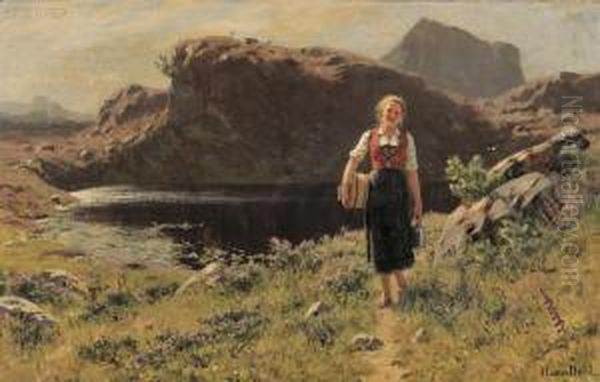 Peasant Girl In A Mountain Landscape Oil Painting by Hans Dahl